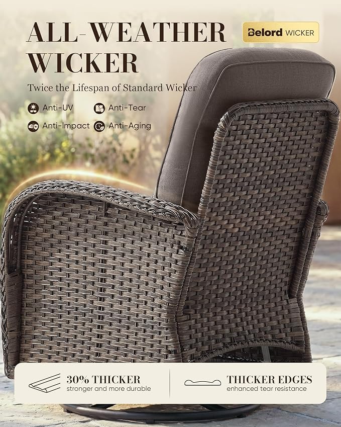 Belord Upgraded 6“ Cushion Luxury 11 Piece Patio Furniture Set - Wicker Outdoor Conversation Set with Swivel Rocker Patio Chairs, High Back Outdoor Furniture for Deck Porch Yard - Brown/Grey