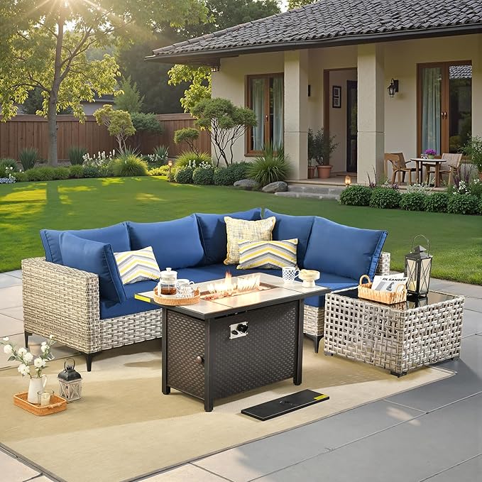 6 Pcs Patio Furniture with Fire Pit Table, Outdoor Rattan Wicker Conversation Set with Glowing Coffee Table, Comfy Sectional Sofa for Porch Balcony Backyard Pool, Blue