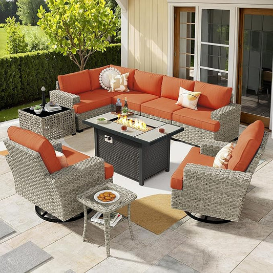 Weaxty 10 Pieces Outdoor Patio Furniture Set with Swivel Rocking Chair, Outdoor Sectional Sofa Couch Wicker Modular Patio Conversation Set w/42 Fire Pit and Coffee Side Table,Orange