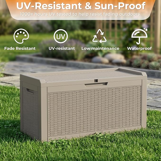 70 Gallon Weather Resistant Resin Storage Bench, Lockable Outdoor Deck Storage Box, Multi-Purpose Patio Container for Garden Tools, Pool & Picnic Accessories, Indoor Outdoor Use,Grey