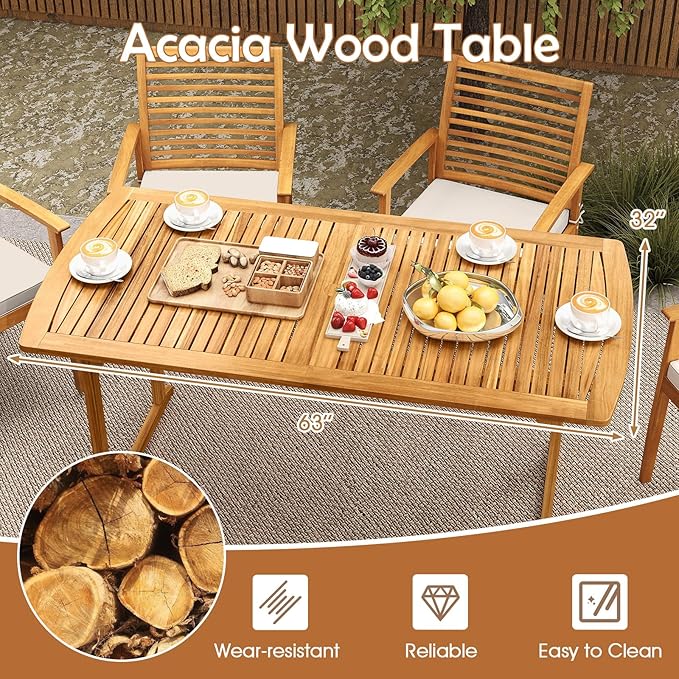 HAPPYGRILL Outdoor Wooden Dining Table for 4-6 People, Acacia Wood Table with Umbrella Hole, for Backyard Patio Deck Porch