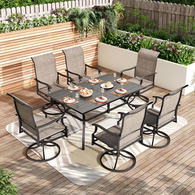 PHI VILLA Outdoor Dining Set for 6, Metal Table & High-Back Swivel Chairs | Padded Textilene,Ergonomic, Rectangular, Umbrella hole, Weather resistant, Heavy-duty, Patio backyard deck, 7 piece
