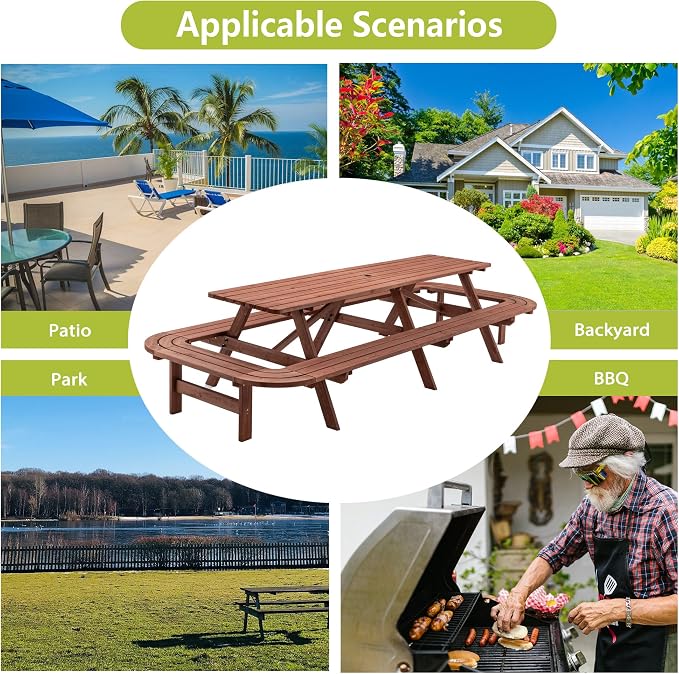 95" Picnic Table with Benches for 14-16 Persons, Outdoor Wooden Rectangle Dining Set for Patio, Garden, Backyard, Large Outside Table with Umbrella Hole, Brown
