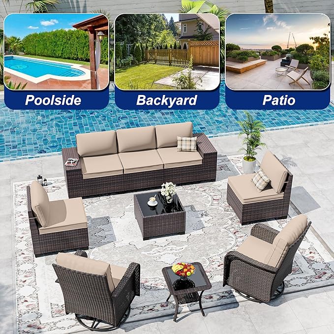 9 Pieces Patio Furniture Set with 2 Swivel Chairs Patio Furniture Outdoor Sectional Sofas Outdoor Patio Conversation Set - Brown