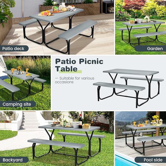S AFSTAR Picnic Table Bench Set, 59” Expanded Rectangular Picnic Table, Outdoor Table and Bench with Steel Frame & Wood-Like Texture Tabletop, Camping Table Chair Set for Garden Lawn Deck (Gray)