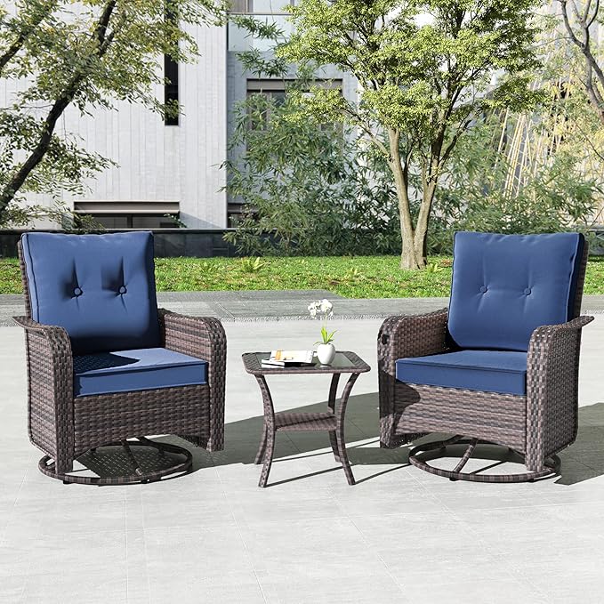 Kullavik 3 Pieces Patio Furniture Set,Outdoor Swivel Glider Rocking Chairs Set,Front Porch Furniture Patio Conversation Sets with Side Table for Balcony Deck Backyard,Navy Blue