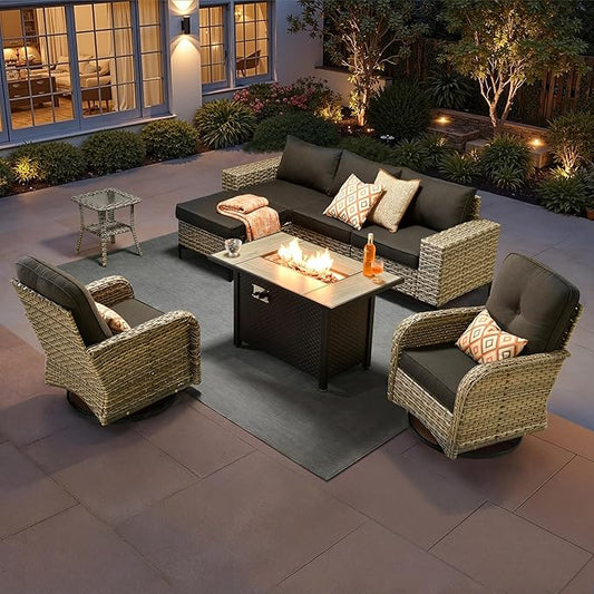 HOOOWOOO 8 Pieces Patio Furniture Set,L Shaped Outdoor Sectional Couch with Fire Pit Table, Pe Wicker All Weather Outside Conversation Sofa Swivel Chiars Solar Table Ottoman Set,Black
