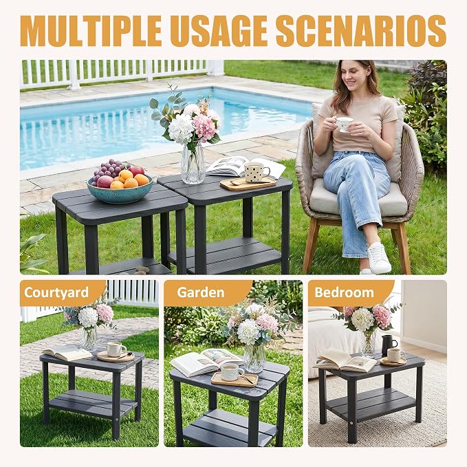 Side Table, Premium & Durable Outdoor Side Table, Resin Patio Side Table with Waterproof Design for Patio, Backyard, Pool, Porch Black(Two-piece Set)