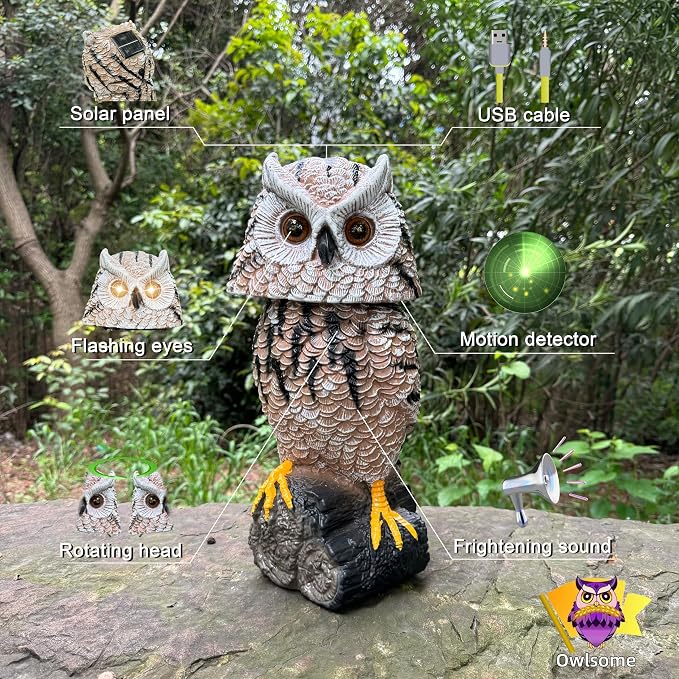 Owlsome Solar Tiger Owl with Flashing Eyes, Rotating Head, Hoot Sound, Motion Detector and Silent Mode, Plastic Owl Garden Sculpture, Garden Decoration