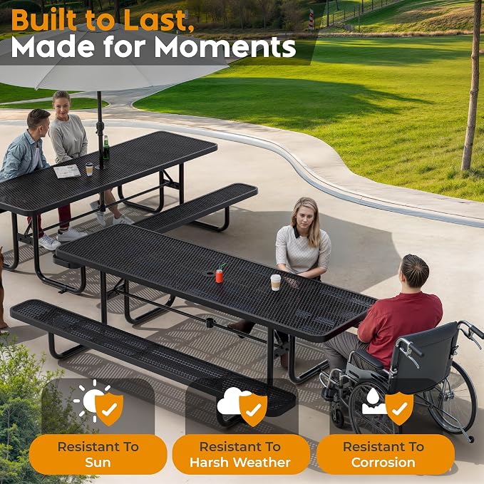 Commercial Heavy-Duty Metal Picnic Table - ADA Compliant, Adjustable Seats, Umbrella Hole, Expanded Metal (Black, 8' Rectangular)