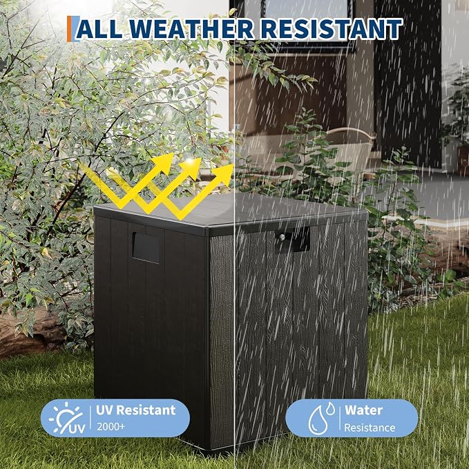 Patikuin 28 Gallon Outdoor Resin Deck Box, Weatherproof & UV Resistant Storage Bench with Lockable Lid, Handles, Imitation Rattan/Wood Pattern, Black