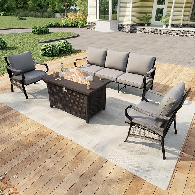 4 Pieces Patio Furniture Set, Metal Outdoor Conversation Sets with Fire Pit Table for Backyard Garden Deck Porch Poolside (Thick Gray Cushions)