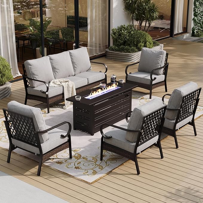SUNSHINE VALLEY 6 Piece Black Metal Outdoor Patio Furniture Sets with Firepit Table, Patio Conversation Sets 1 3-Seater Sofa, 4 Single Sofa with 5.75" Extra Cushion Backyard Furniture for Deck, Gray