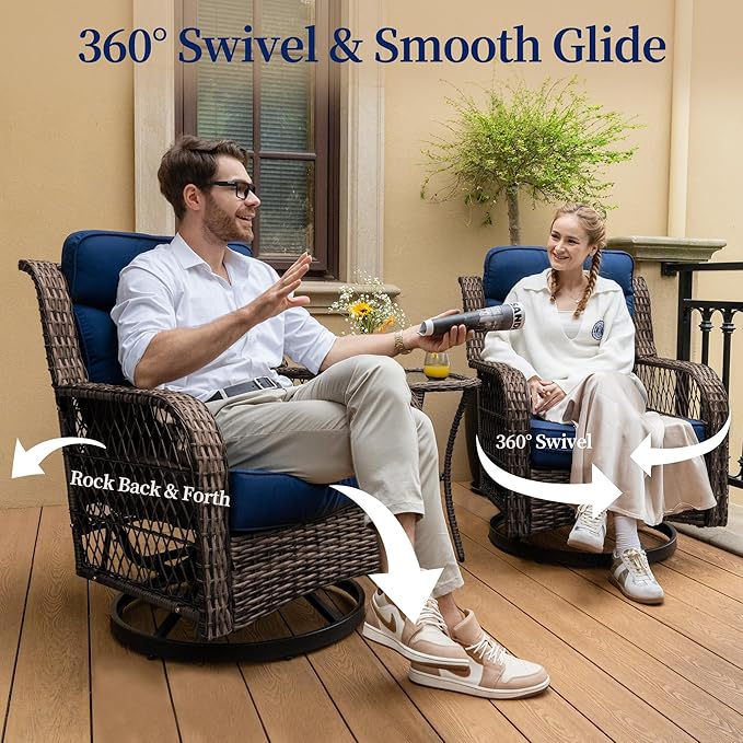 PIZZELLO Outdoor Swivel Chairs 3 Piece Wicker Rocking Chairs Set Patio Furniture Set with Rattan Side Table Rocker Bistro Sets for Outside Porch Backyard (5" Thick Cushions and 25" Full Support Back)