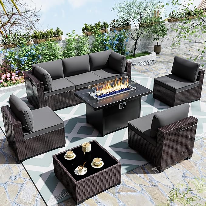 Outdoor Terrace Furniture Set, 8 Piece Outdoor Furniture Set, with 43 inch Aluminum 55000 BTU Propane fire Pit, PE Willow Vine Terrace Dialogue Set - Grey.