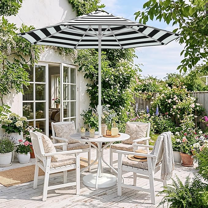 California Umbrella 12-Year Protection 7.5-Ft Outdoor Patio Umbrella, Sunbrella Fade-Resistant Fabric, Auto-Tilt, Heavy Duty Aluminum Frame, 8 Reinforced Ribs for Pool or Deck, White Pole, Cabana Classic