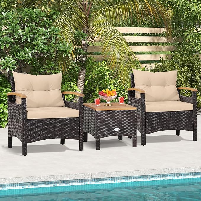 KOTEK 3-Piece Patio Furniture, Outdoor Conversation Set with Removable Cushions, Acacia Wood Tabletop and Armrests, PE Rattan Wicker Bistro Set for Porch, Balcony, Backyard (Beige)