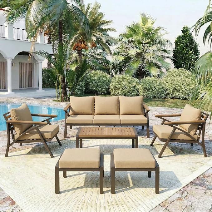 JIVOIT Outdoor Patio Furniture Set, 6-Piece Steel Frame Sofa Set with Acacia Wood Coffee Table, 3-Seat Couch, 2 Armchairs, 2 Ottomans, Cushioned Seating for Backyard, Garden, Poolside (Brown/51)