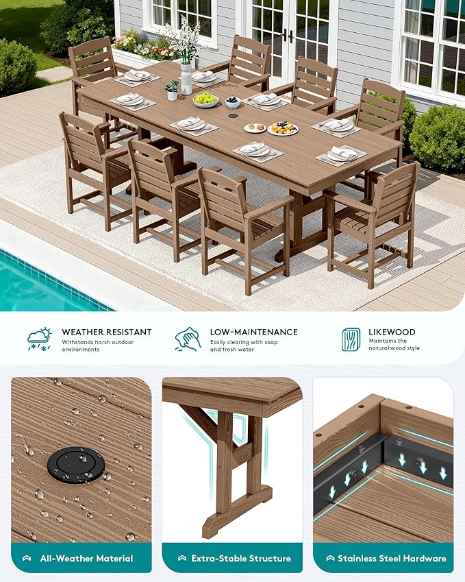 SERWALL Outdoor Dining Table, 84" Rectangular Dining Table for 6-10 Person, All Weather HDPE Patio Dining Table with Umbrella Hole for Backyard, Garden, Brown