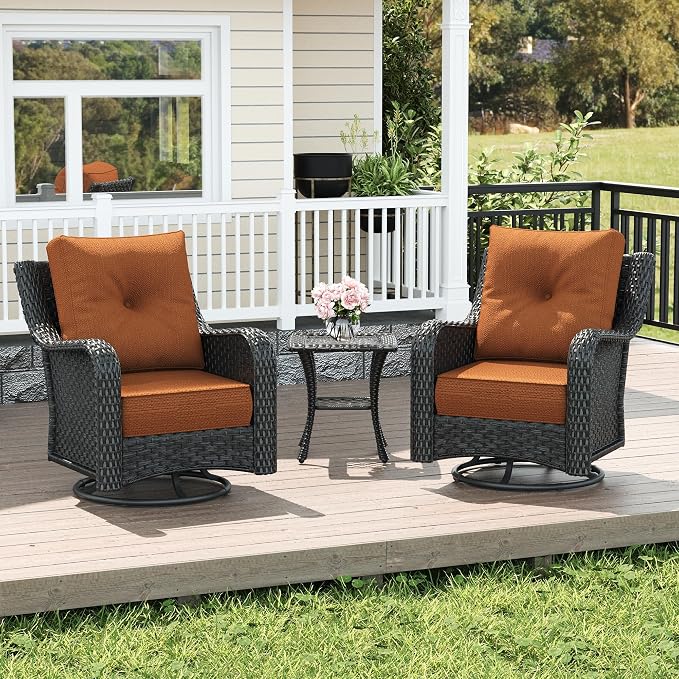 LayinSun 3 Piece Wicker Outdoor Furniture Set with 6-inch Comfy Cushions, High Back Patio Furniture Set with Swivel Rocking Chairs and Side Table