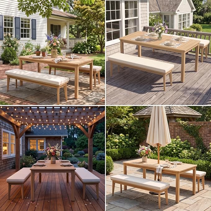 FansaFurn 3-Piece Acacia Patio Table and Chairs Set for All-Weather | Outside Furniture with Table Umbrella Hole and Removable Cushion, Backyard Furniture with Outdoor Bench for Garden Lawn