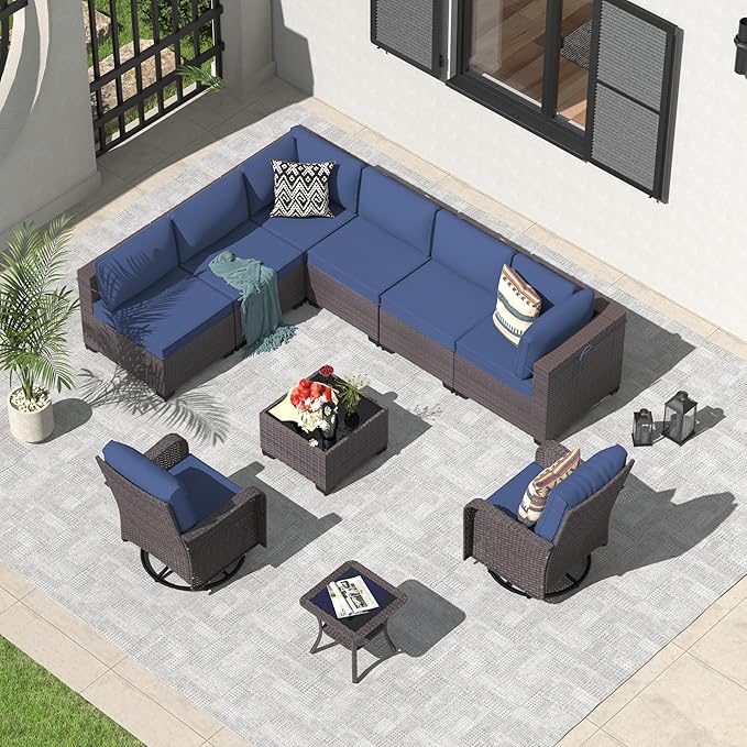 ALAULM 10 Pieces Patio Furniture Set with 2 Swivel Chairs Wicker Patio Conversation Set, Outdoor Sectional Furniture w/Coffee Table & Washable Seat Cushions-Dark Blue