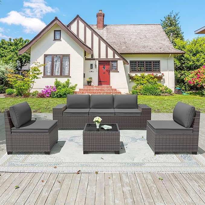 Patio Furniture Set 6 Pieces Outdoor Sectional Sofa Set,PE Rattan Wicker Patio Conversation Set with Thickened Cushions and Glass Coffee Table,Grey