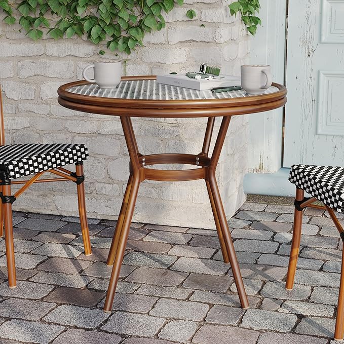 Flash Furniture Lourdes Indoor/Outdoor Commercial Bistro Table - Tempered Glass Top - PE Rattan - Natural Bamboo Print Aluminum Frame - 31.5" - Black/White