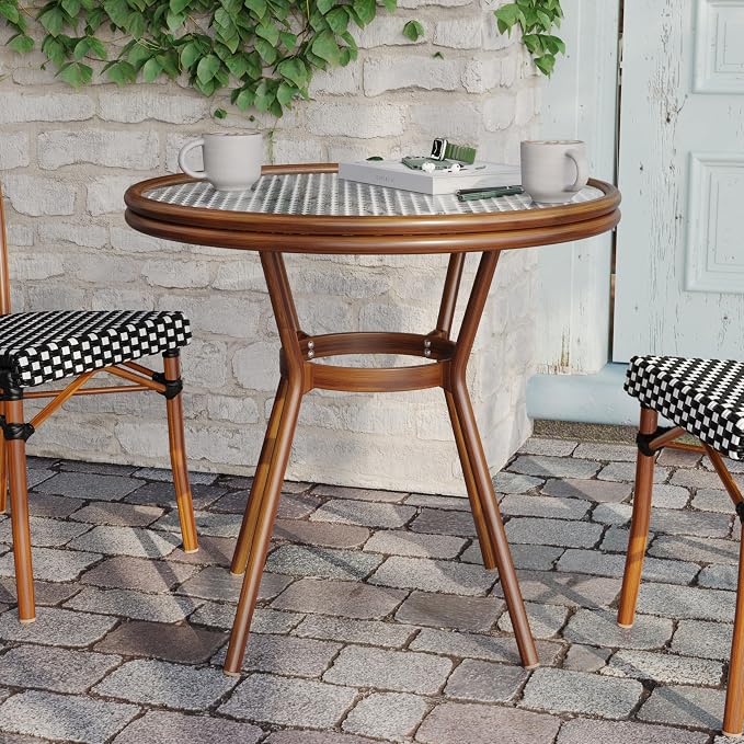 BizChair Indoor/Outdoor Commercial Bistro 31.5" Table, Black and White PE Rattan, Glass Top, Bamboo Print Aluminum Frame in Natural