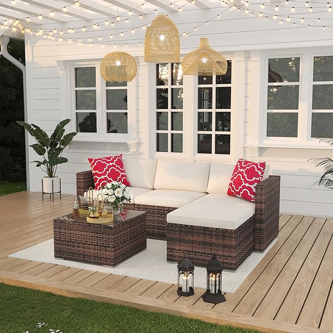 GAOMON 5-Piece Patio Furniture Set, All-Weather PE Rattan Sectional Sofa, Modular Outdoor Conversation Set with Metal Frame, Brown & Beige