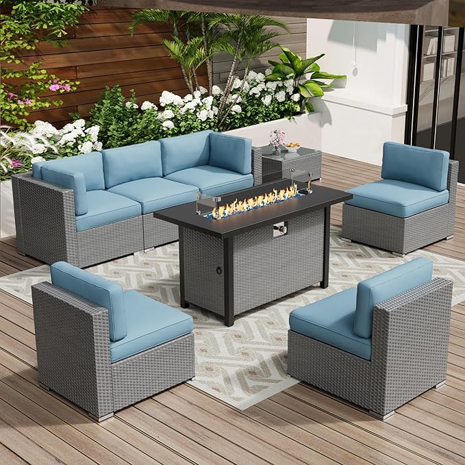 Oakcloud 8-Piece Outdoor Patio Furniture Sofa Set with 45” Propane Gas Fire Pit Table, Grey Rattan Wicker Sectional Conversation Sets with Glass Top Tables and Cushions(Haze Blue, w/Fire Pit Table)