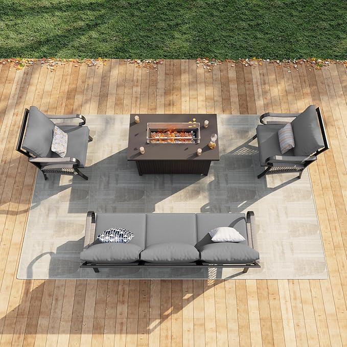 4 Pieces Patio Furniture Set, Metal Outdoor Conversation Sets with Fire Pit Table for Backyard Garden Deck Porch Poolside (Thick Gray Cushions)