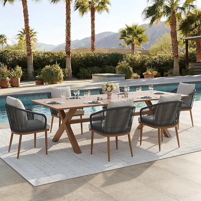 7-Piece Patio Dining Table Sets, Woven Wicker Dining Set with Rectangular Aluminum Table and Dining Chairs Modern Outdoor Dining Furniture Set for Outdoors and Indoors