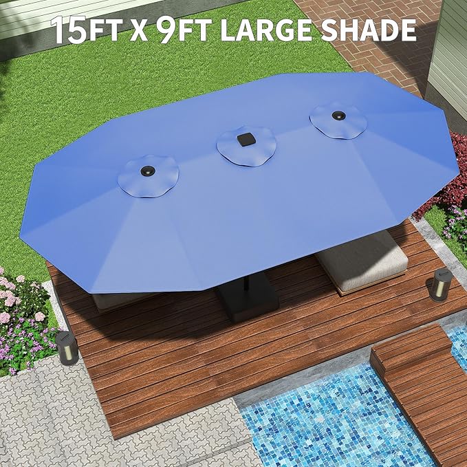 15 ft Umbrella Outdoor Patio with Base, Double-Sided Rectangular Outdoor Shade,UV & Fade-Resistant Polyester, Easy Crank Lift,Waterproof Market Umbrella for Pool, Garden, Backyard