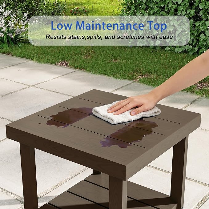 2-Tier HDPE Outdoor Square Side Table, Heavy-Duty Patio Side Table with Storage Shelf, Weather-Resistant Adirondack End Tables for Backyard, Pool, Porch, Garden, Lawn, Brown