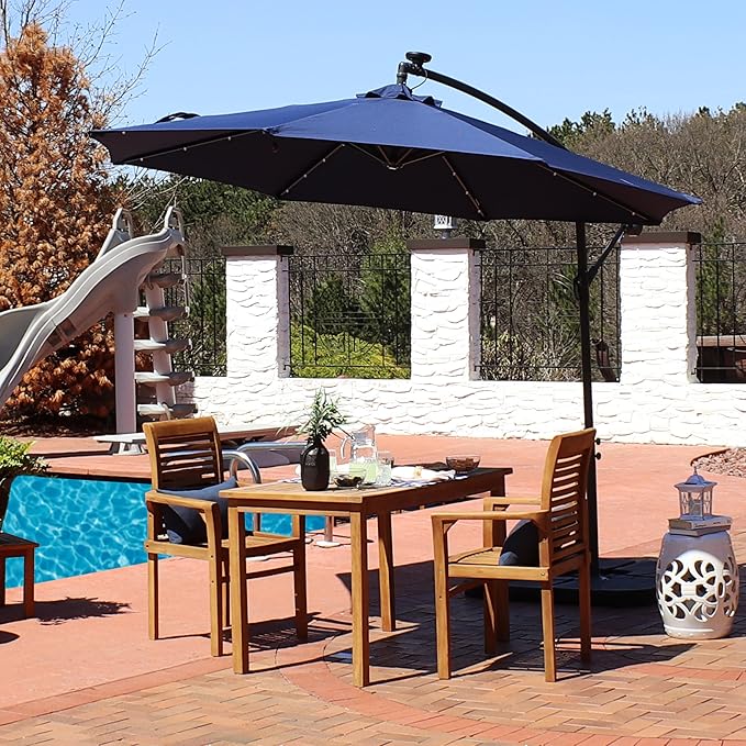 Sunnydaze 10' Solar Offset Patio Umbrella - Solar Cantilever Umbrella Outdoor with LED Lights - Polyester Shade, Air Vent, & Cross Base