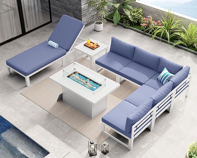 NICESOUL 8 Piece Extra Large Luxury Aluminum Outdoor Sectional Sofa with Lounger, All Weather Modular Patio Furniture Set for 6 People, 500 lbs Heavy Duty Conversation Couch for Poolside, Denim Blue