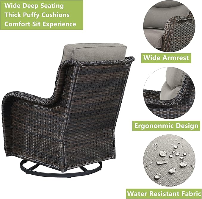 Rilyson Wicker Rocking Chair Swivel Chairs - Rocker Patio Chairs Set of 2 Rattan Rocking Chair for Outdoor Porch Deck Garden Backyard (Brown/Grey/Smile)