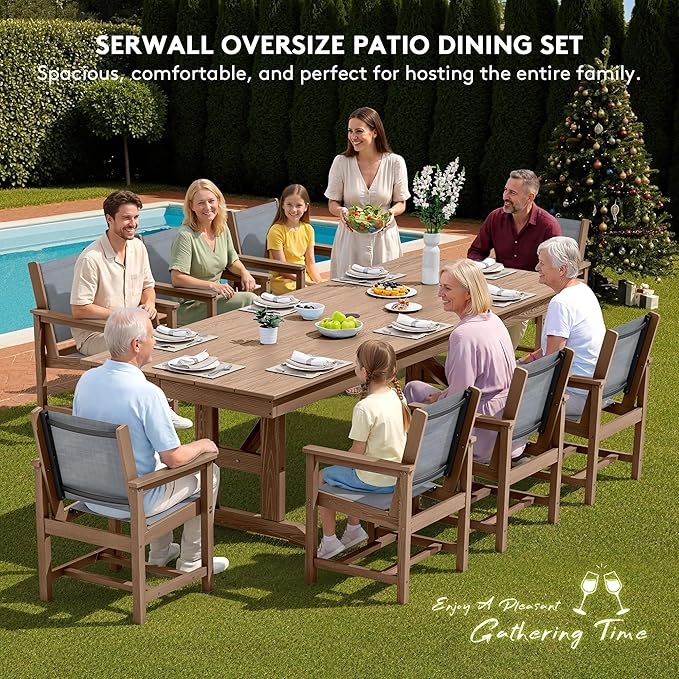 SERWALL Outdoor Dining Chairs Set of 2, All-Weather HDPE Textilene Sling Dining Chair for Backyard, Garden, Brown