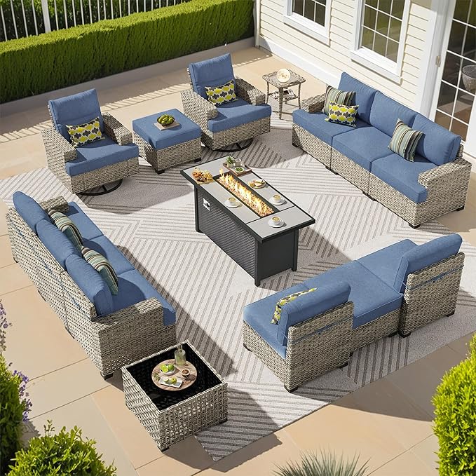 15-Piece Outdoor Sectional Sofa Set w/ 54" Fire Pit – L-Shaped Wicker Patio Furniture, Deep Seating & Swivel Rockers, Light Blue