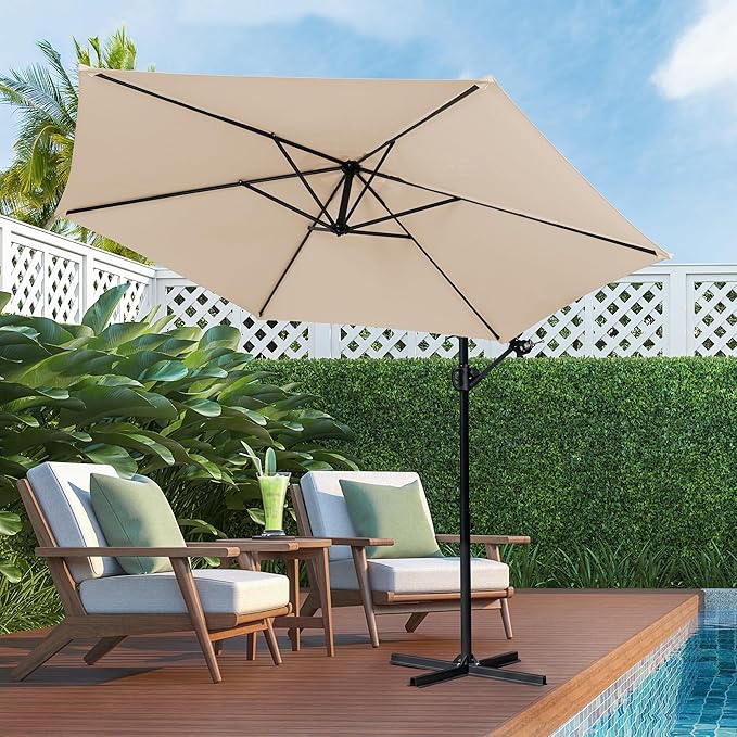 Shintenchi Offset Patio Umbrella with Easy Tilt Adjustment,Crank and Cross Base, Outdoor Cantilever Hanging Umbrella, Sunshade Free Standing Canopy, Khaki