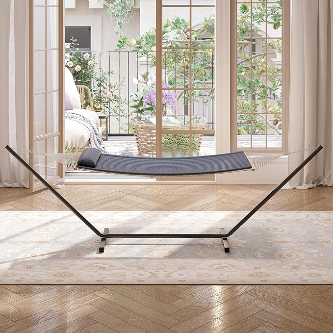 CABIHOME 350 Lbs Capacity Portable Rope Hammock for Indoor & Outdoor Use, Heavy Duty Double Hammock with Stand for 2, Includes Padded Mat and Pillow, Tool-Free Easy Assembly, Dark Grey