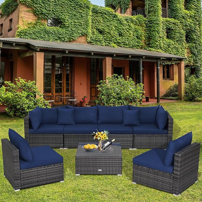 Tangkula 7 Piece Patio Wicker Furniture Set, Outdoor Rattan Sectional Sofa Set for 6 with Seat & Back Cushions, 2 Throw Pillows, Sofa Fastener Clips, for Backyard, Poolside, Deck and Garden (Navy)