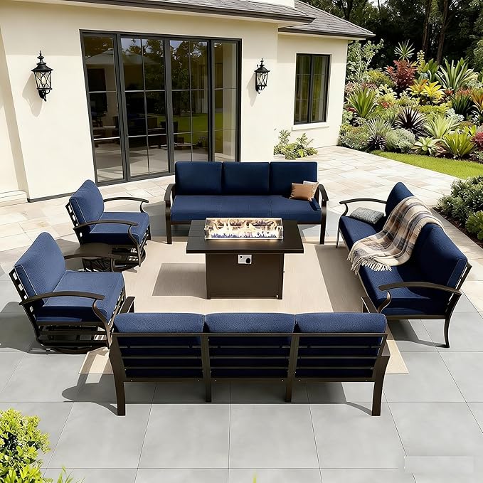 Gotland Outdoor Aluminum Patio Furniture Set with Fire Pit Table, 13 Pieces Metal Patio Furniture with 2 Swivel Rocking Chairs 11 Seats Waterproof 5.1'' Seat Cushions, for Garden Balcony Porch Navy