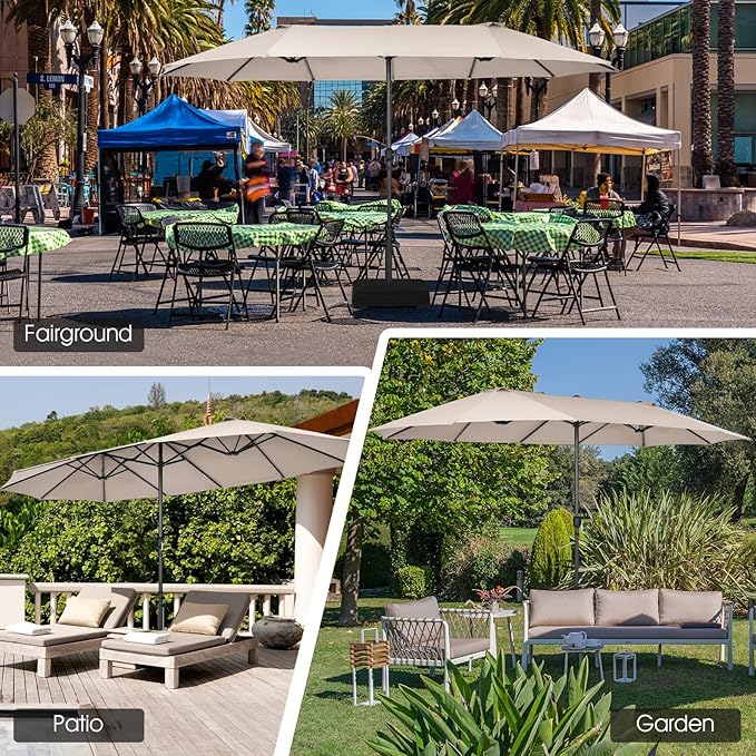 Tangkula 15Ft Double-Sided Patio Umbrella, Outdoor Extra Large Umbrella W/Hand-Crank System & Air Vents, Market Twin Umbrella W/ 12-Rib Sturdy Metal Frame for Poolside, Garden Backyard (Beige)