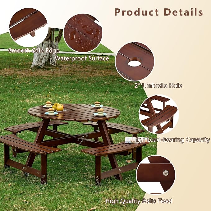8 Person Outdoor Picnic Table, Round Dining Table with 4 Built-in Benches and Umbrella Hole, Outside Garden Backyard Table and Bench Set, 500lbs Capacity Per Bench (Brown)