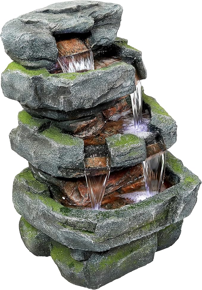 Sunnydaze 23-Inch Stone Waterfall Polyresin and Fiberglass Outdoor Tiered Fountain with LED Lights