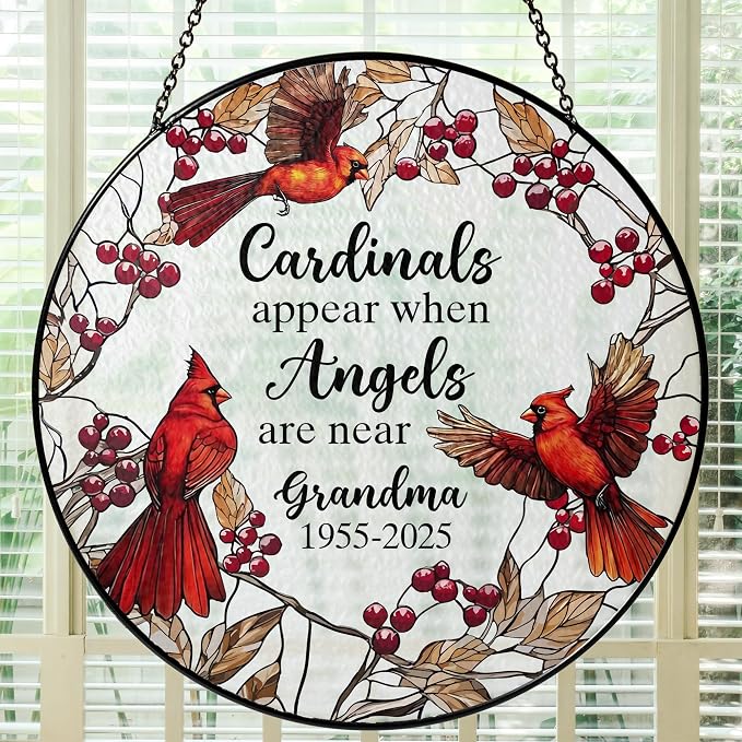 Personalized Cardinal Memorial Photo Suncatcher – “Forever in Our Hearts” Christmas Ornament – in Loving Memory Gift for Mom or Grandma from Family – Stained Glass Window Hanging Keepsake