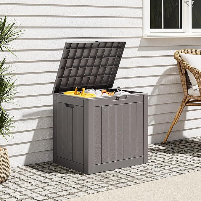 Outdoor Storage Box, Resin Deck Boxes Indoor and outdoor, Waterproof Storage Box Lockable Lid (Grey,35 Gallon)