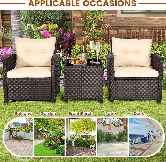 3-Pieces Patio Furniture Set, PE Wicker Chairs Sofa Set with Removable Cushions & Glass Top Side Table, Outdoor Wicker Rattan Conversation Chair for Porch,Backyard, Balcony (Light Yellow)